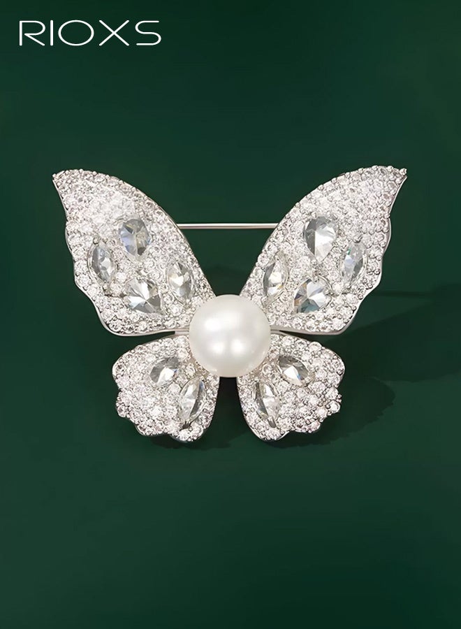 RIOXS Unisex Butterfly Brooch, Elegantly Adorned with Crystal Rhinestones and Pearl Accents, Vintage-Inspired Luxury Lapel Pin, Sparkling Accessory for Shirts, Dresses, Hats, Scarves, Wedding Banquets, Dances, and Evening Gowns, Perfect Gift Choice, Silver - Image 5